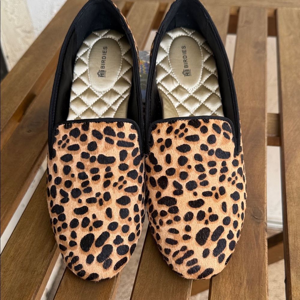 Birdies Tan and Black Leopard Loafers, size 9.5, comes with dust bag.